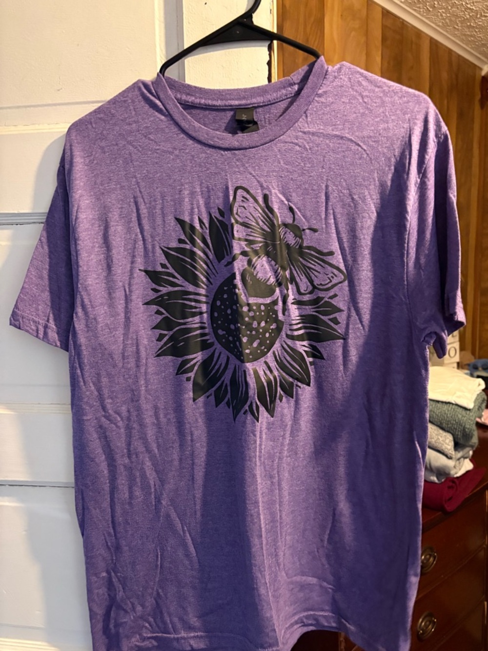 Gildan Purple Short Sleeve Tee with Black Sunflower & Bee Graphic